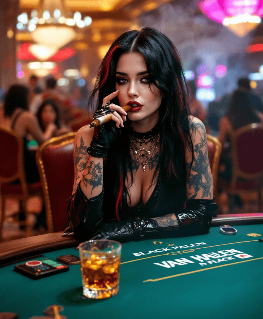 AI generated: An ultra high definition, photo shoot quality image of a Goth girl at a black jack table smoking a c...