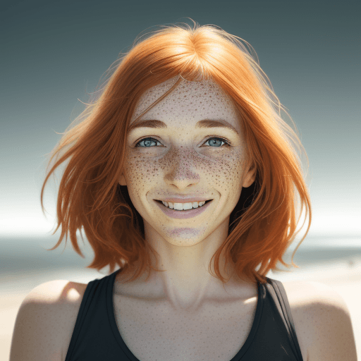 AI generated: woman with freckles with a smile, in the style of calming effect, naturecore, intense energy, photo ...
