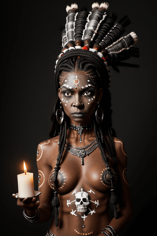 AI generated: voodoo woman, voodoo headdress with skulls and metal jewelry, long hair, highly detailed, intricate,...