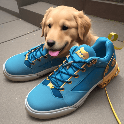 AI generated: golden retriever with a climbing shoe in his mouth preferably if the shoe was a blue colourway