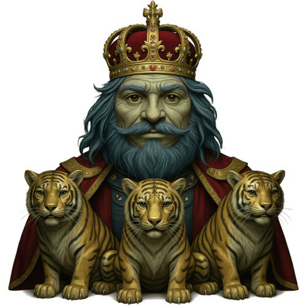 AI generated: can you make this charcter the tzar of Russia? it also owns three golden tigers