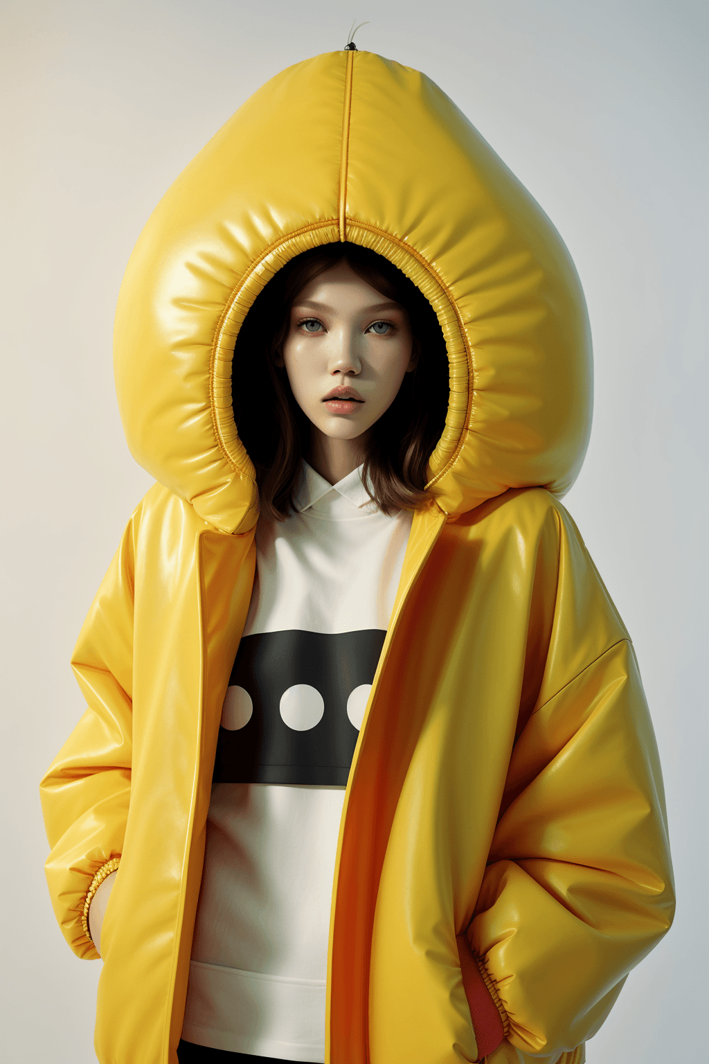 AI generated: [[studio photo cinematic film still, gradient blank background]], [[a model wearing oversized air-pu...