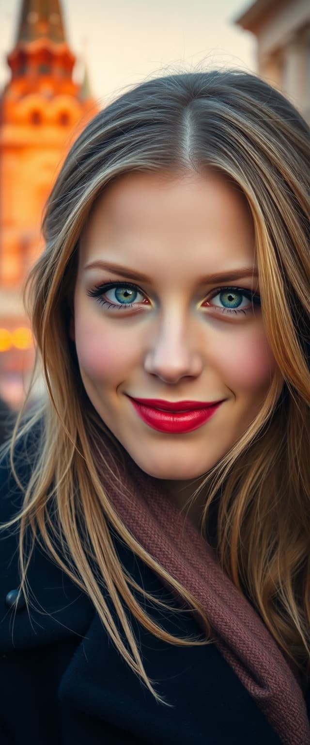 AI generated: "High resolution, close-up portrait photograph, Russian woman, early 20's, honey blonde hair, sapphi...