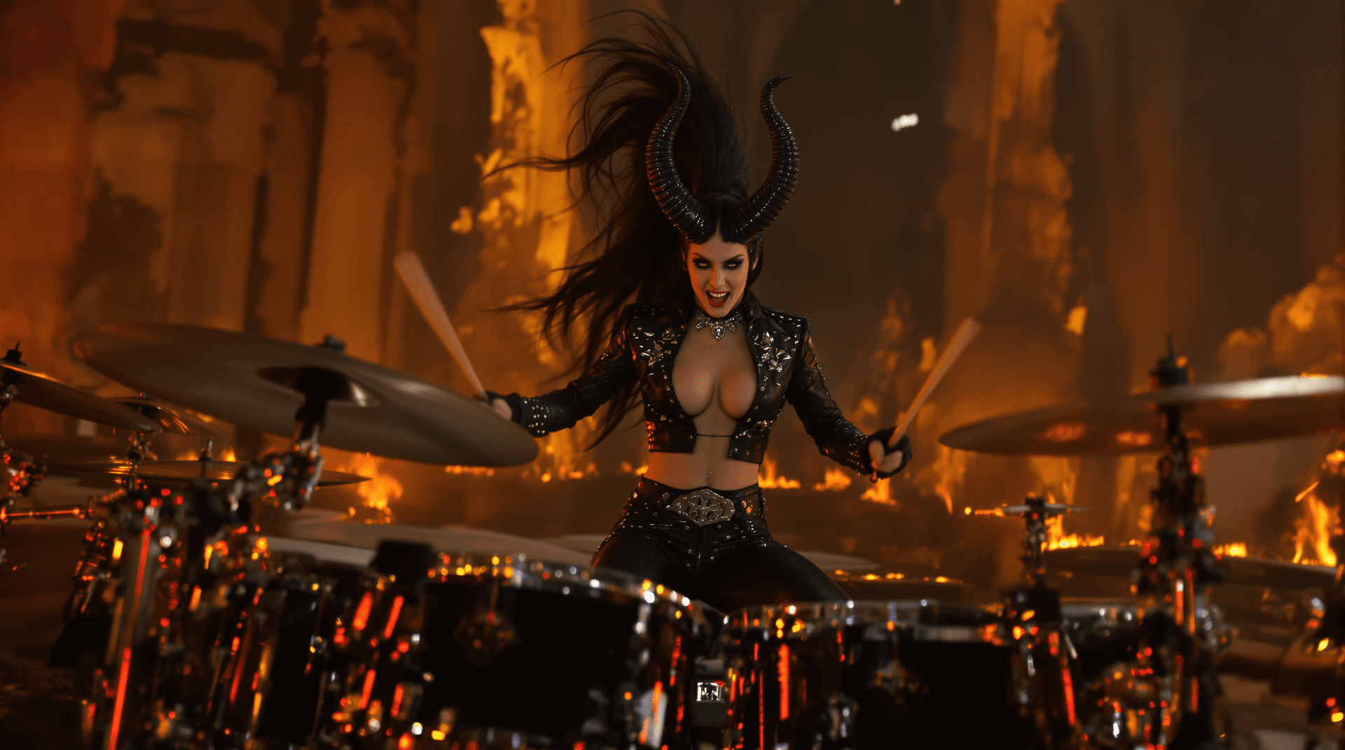 AI generated: A dynamic, explosive cinematic phot of Lamašatu, the demon drummer, unleashing a torrent of rhythmic...