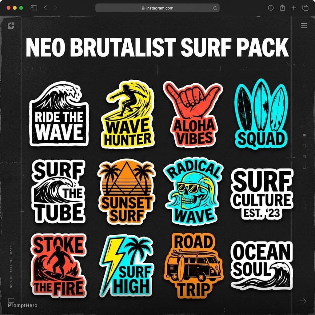 AI generated: Neo brutalist surf-themed sticker pack for in a neo-brutalist website
