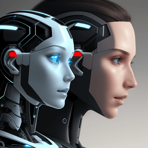 AI generated: Front view of the face of a half-human, half-machine robot with AI, with a side view of an AI-enhanc...