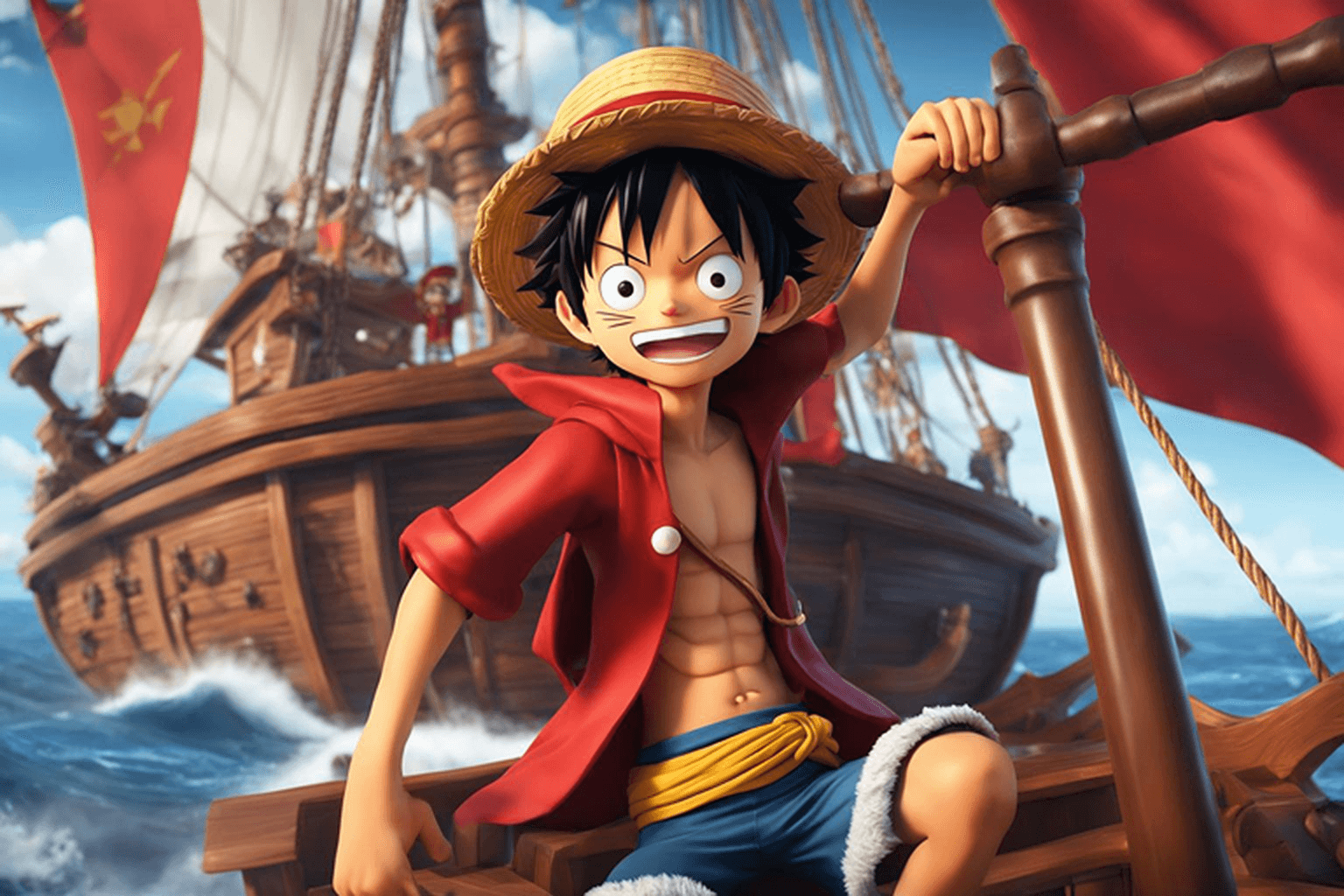 AI generated: Flat illustration, 3d, close up, Monkey D. Luffy, one piece anime, half-body, on a pirate ship deck,...