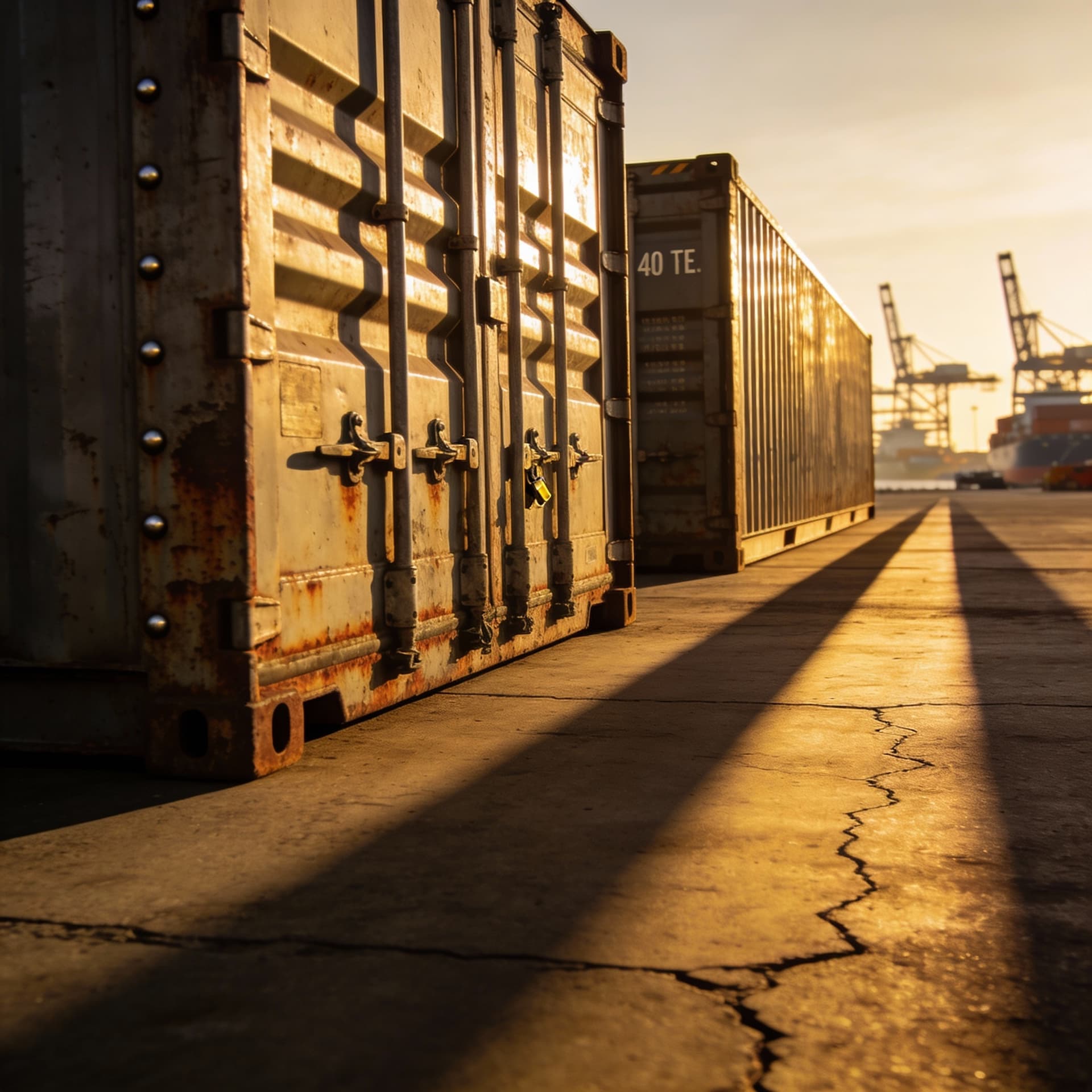 AI generated: **Prompt:** A photorealistic, cinematic wide-angle shot of a commercial shipping yard at golden hour...