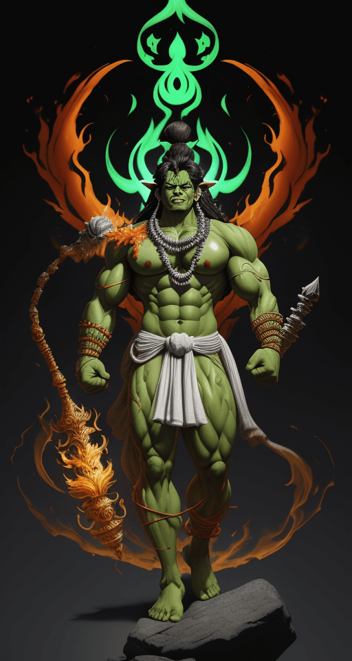 AI generated: Hulk but Lord Shiva, Indian mythology, one piece character, symmetric body, wielding a trishula, ful...