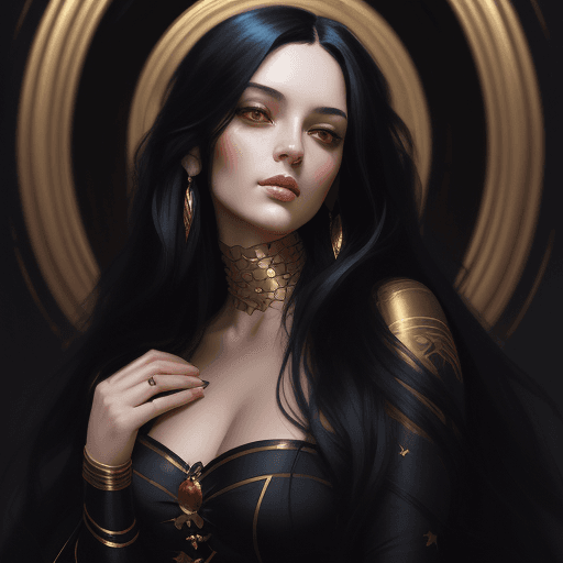 AI generated: a woman with long black hair in a gold painting, in the style of charlie bowater, dark blue and dark...