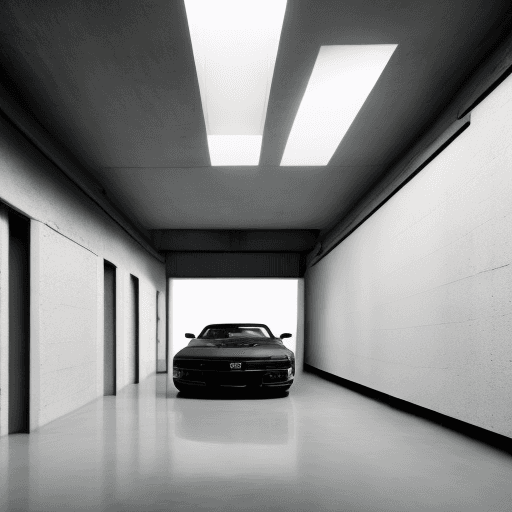AI generated: High realism, minimalism, a dark large garage without windows, in the soft light from a single sourc...