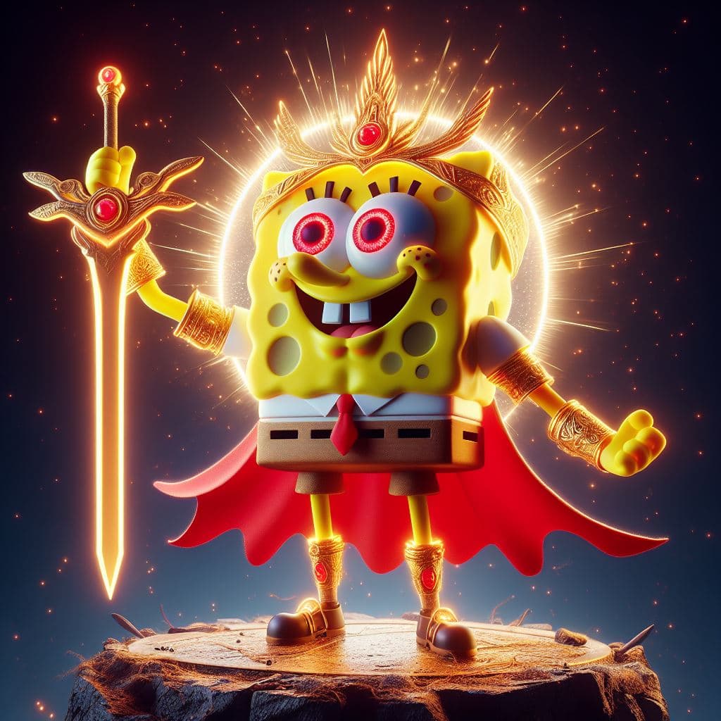 AI generated: Spongebob is the mightiest god with a sword, red eyes, heroic pose, divine and celestial light, mast...