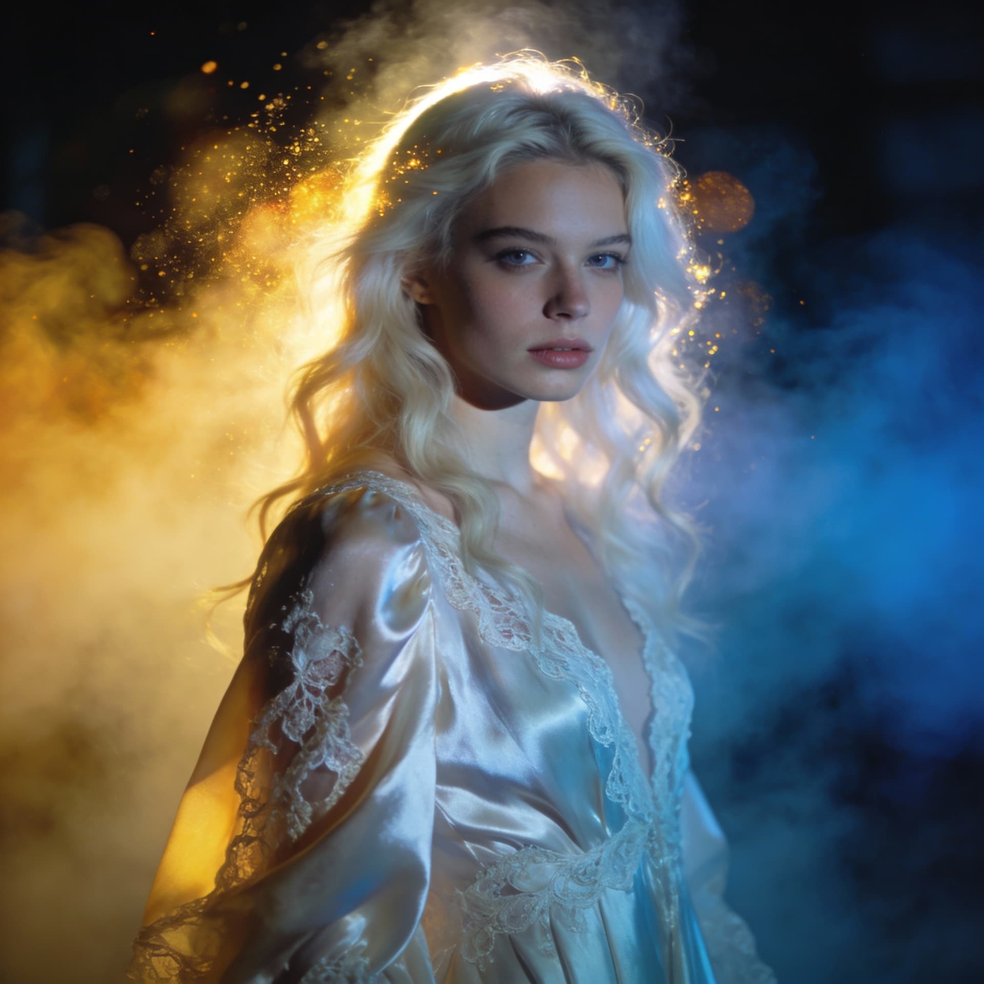 AI generated: "Fine art professional photography, ultra photorealistic, dramatic cinematic style, platinum blonde ...