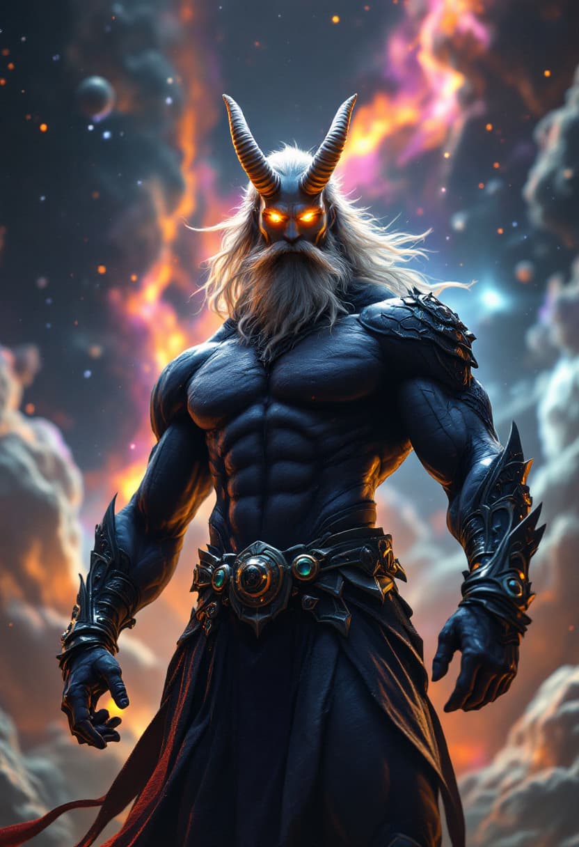AI generated: God of Sound, full-body, Etherial, muscular, No mouth, hair or Beard, Glowing Rainbow eyes, epic, ci...