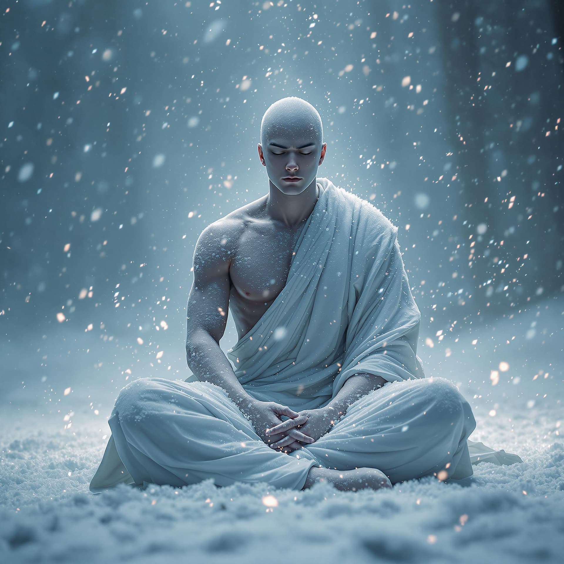 AI generated:  A hyper-realistic, cinematic image of a lone ninja sitting in deep meditation amidst a violent bliz...