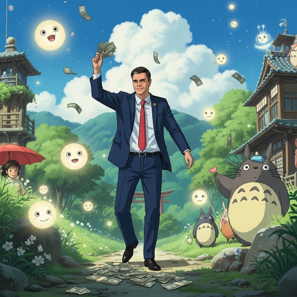 AI generated: Pedro Sanchez (President of Spain) stealing money in ghibly style
