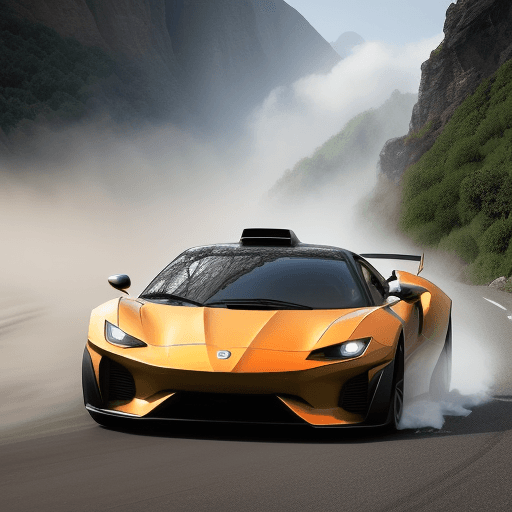 AI generated: supercar in a high-speed race on a winding mountain road, surrounded by lush greenery and dramatic c...