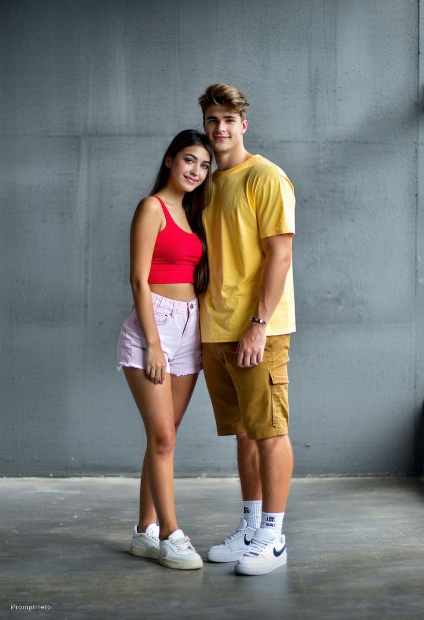 AI generated: Two people standing close together naturally, a young woman wearing a red tank top and light shorts ...