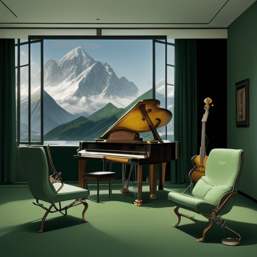 AI generated: 2.	room with various musical instruments and a floating treble clef, on a serene landscape with deep...