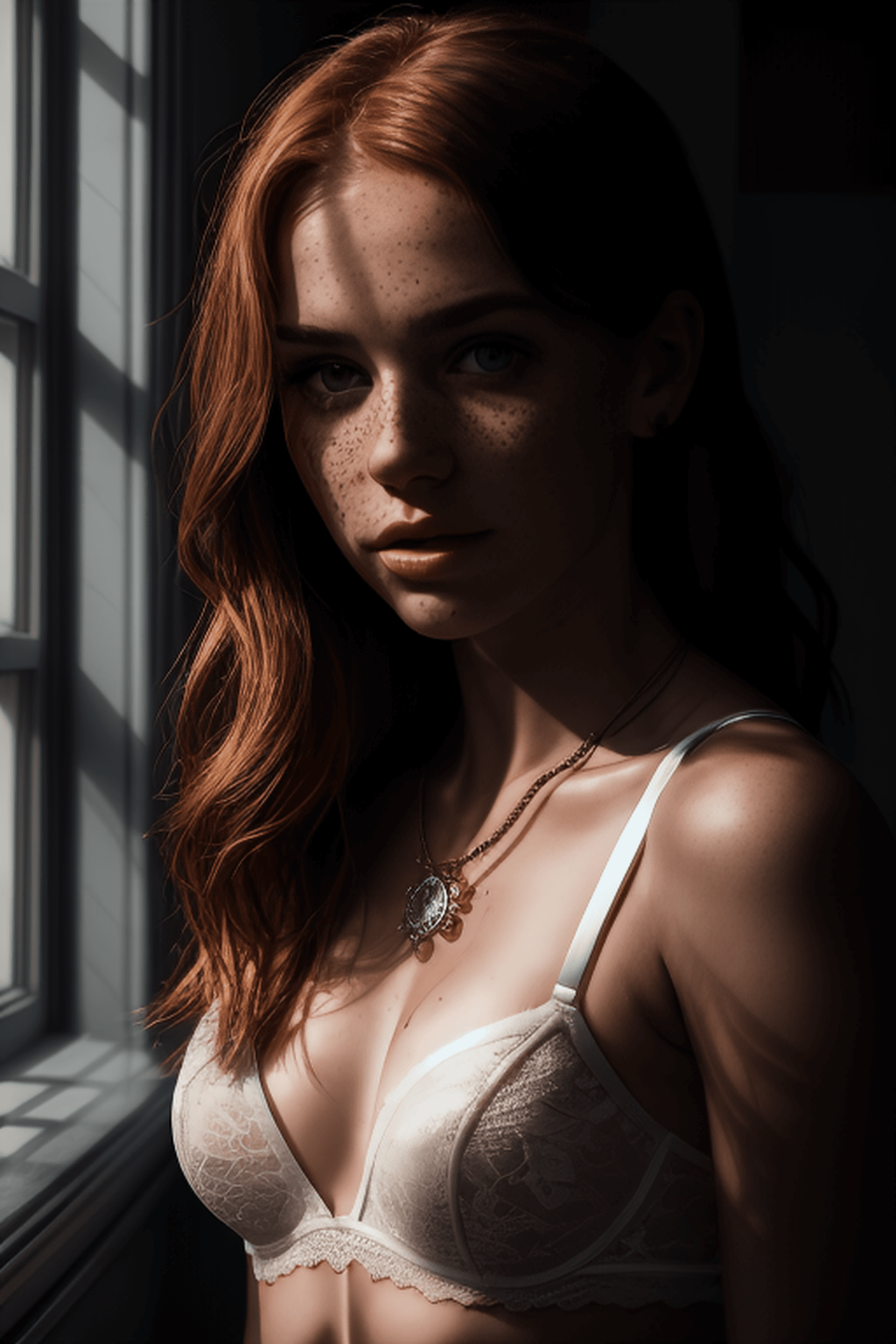 AI generated: portrait of beautiful girl, Caucasian, auburn hair, freckles, white lace bra, necklace, professional...