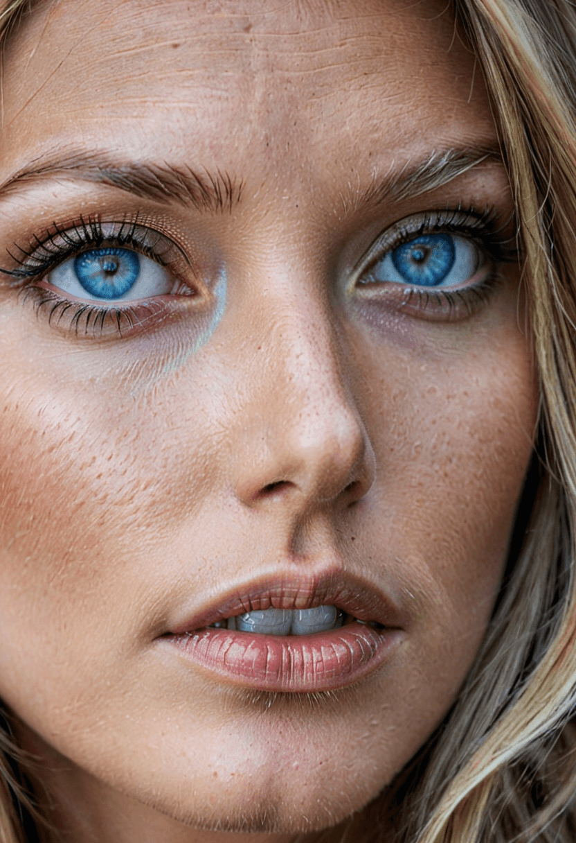 AI generated: HDR photo of extreme close-up, woman, light blue eyes, perfect eyes, long blonde hair with brunette ...