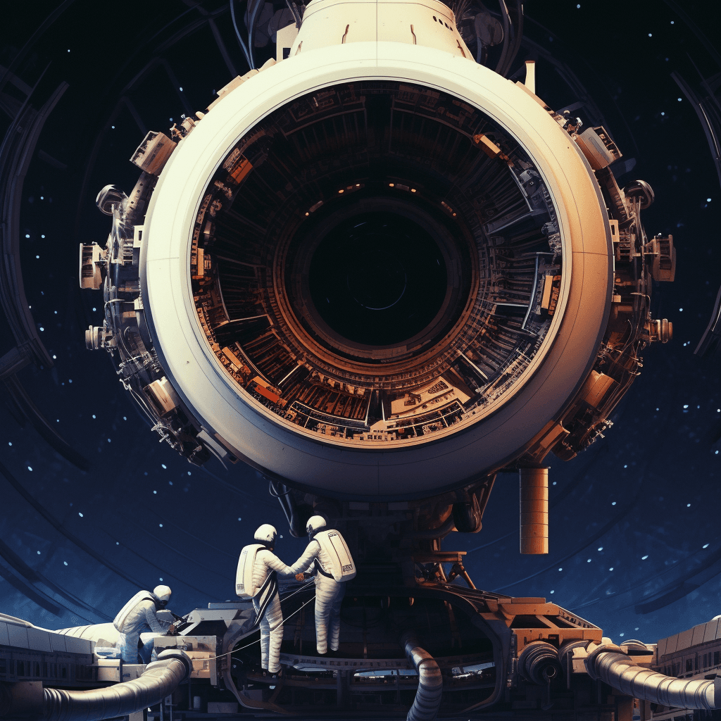 AI generated: spaceship engine repair, astronauts, space, vehicle, perfect composition, beautiful detailed intrica...