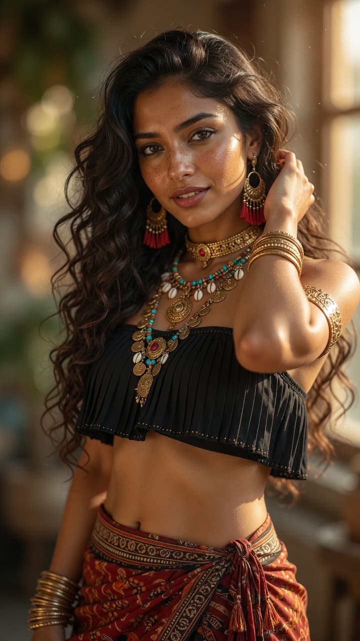 AI generated: A stunning young woman with flawless yet hyper-realistic olive skin, captured in ultra-photorealisti...