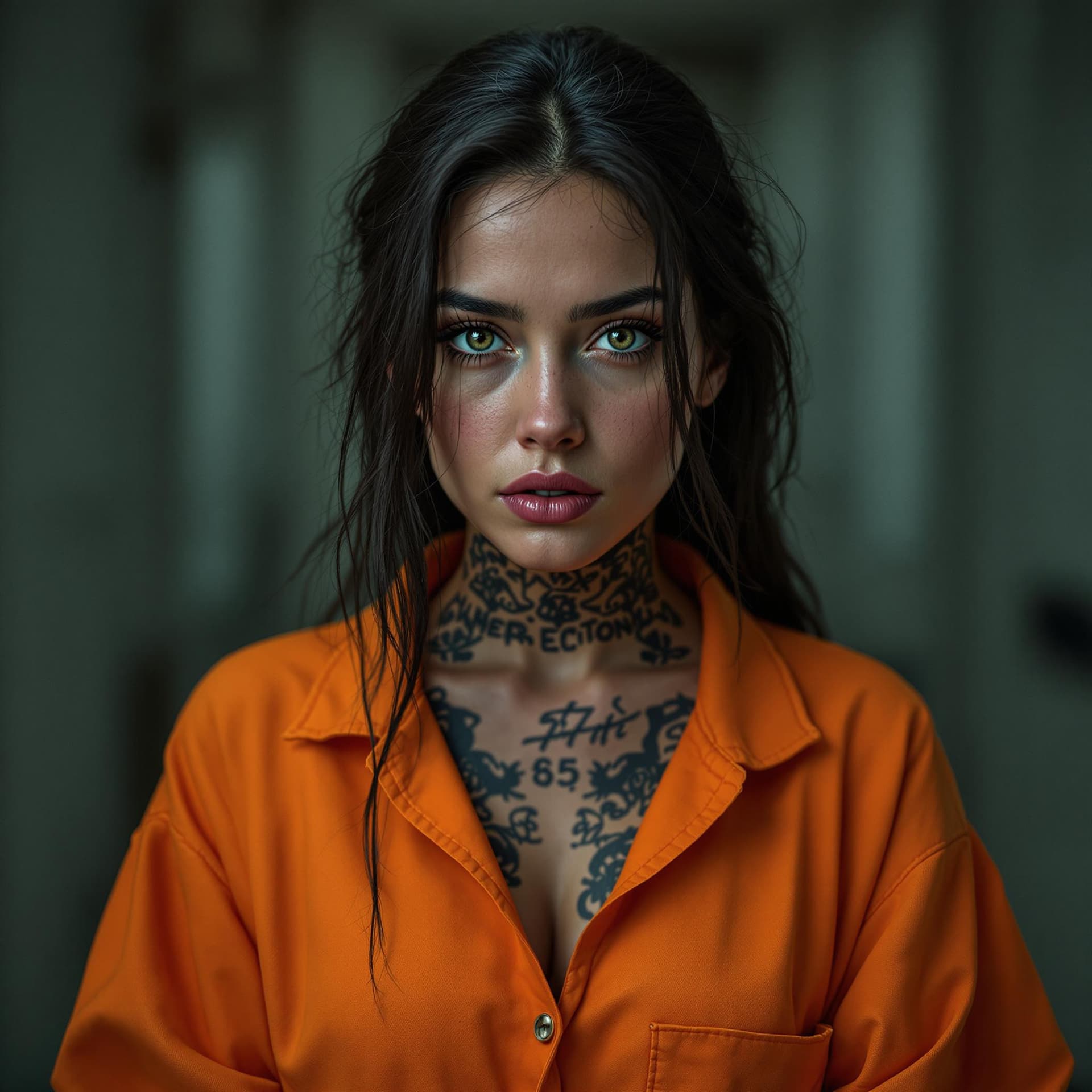 AI generated: female prisoner, prison, orange suit, cell, tattoo, (no face tattoos), (full body visible), looking ...