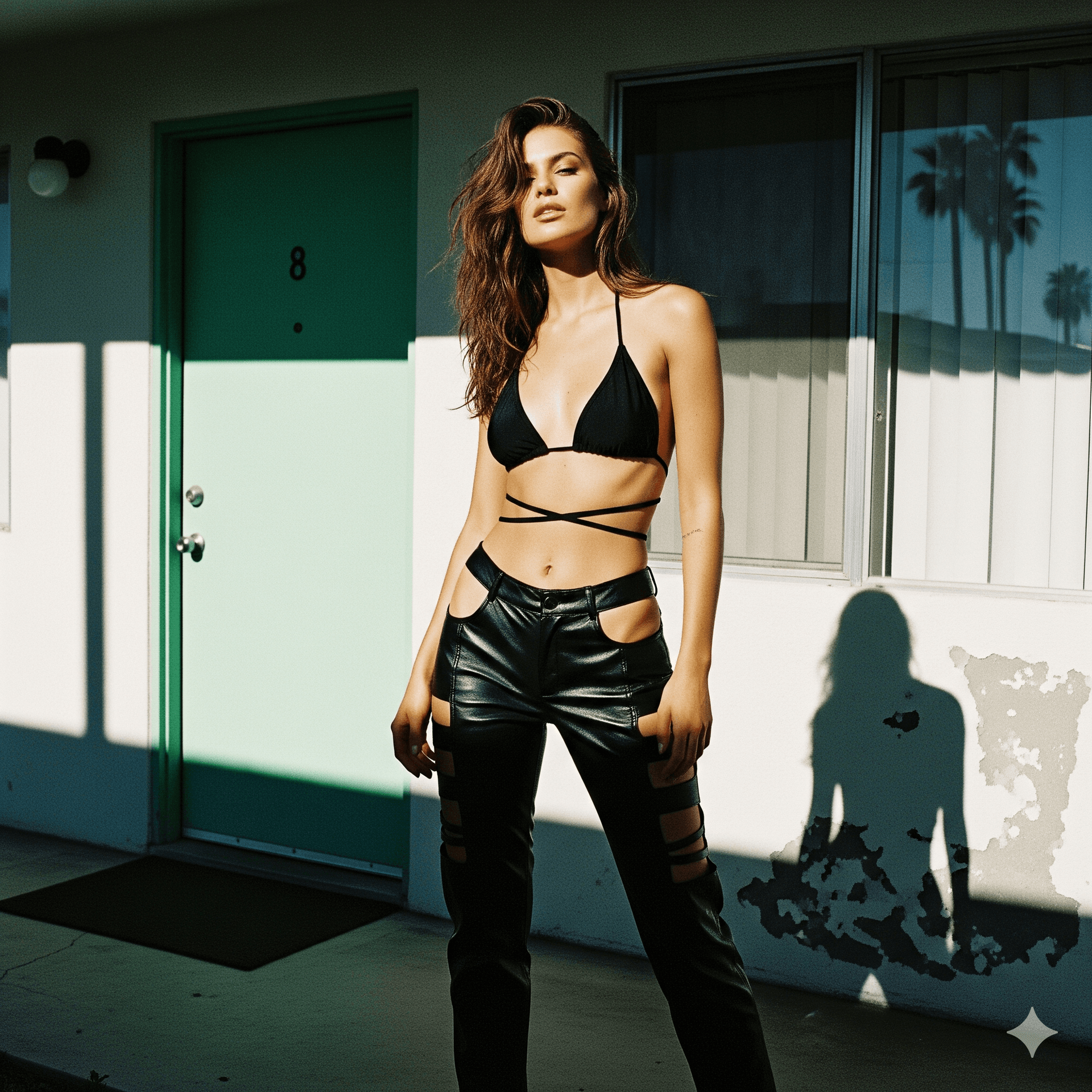 AI generated: A hyperrealistic photograph of a woman with long, brown hair and a black string bikini top, standing...