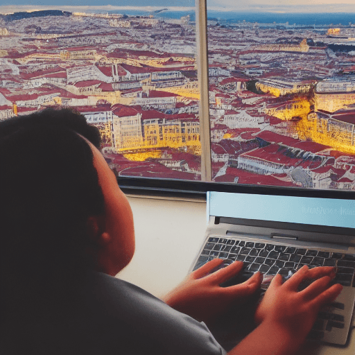 AI generated: Photo of a ultra realistic young person working on laptop, lisbon background pale sunrise, battered,...