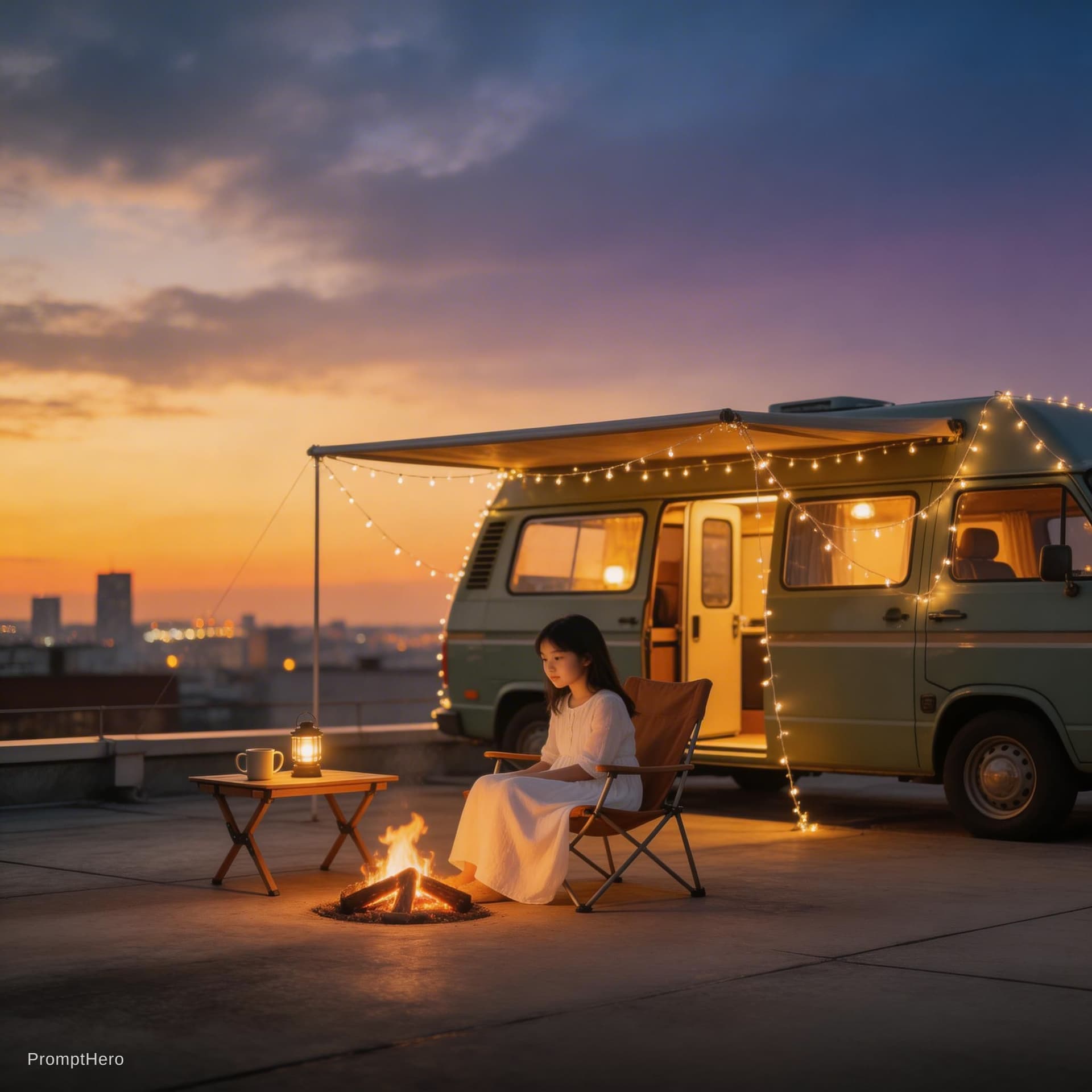 AI generated: "A cinematic photograph on a city rooftop at sunset, featuring a young Asian girl in a white dress s...