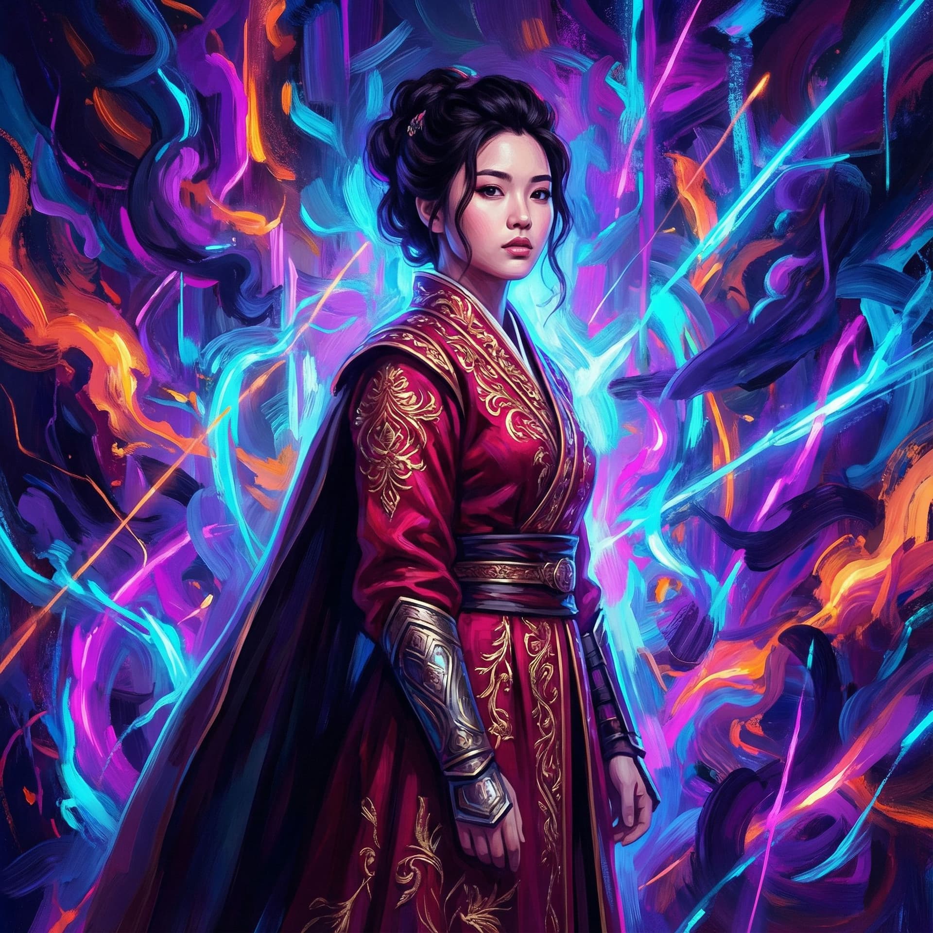 AI generated: A commanding, seductive young empress stands at the center, her long obsidian hair styled in a high,...