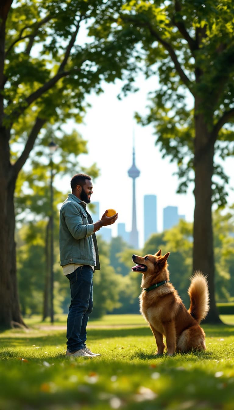 AI generated: A happy  black man is playing with his dog in a park. He holds a ball in his hand, ready to throw it...