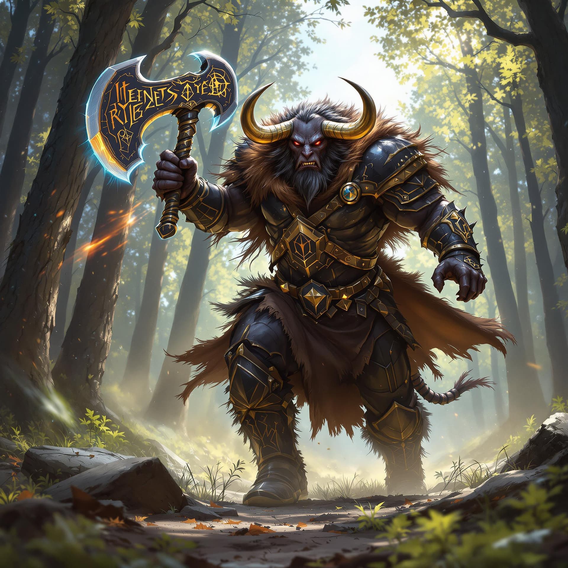 AI generated: A minotaur barbarian warrior, sheathed in battered black chrome armor, charges forward into the midd...