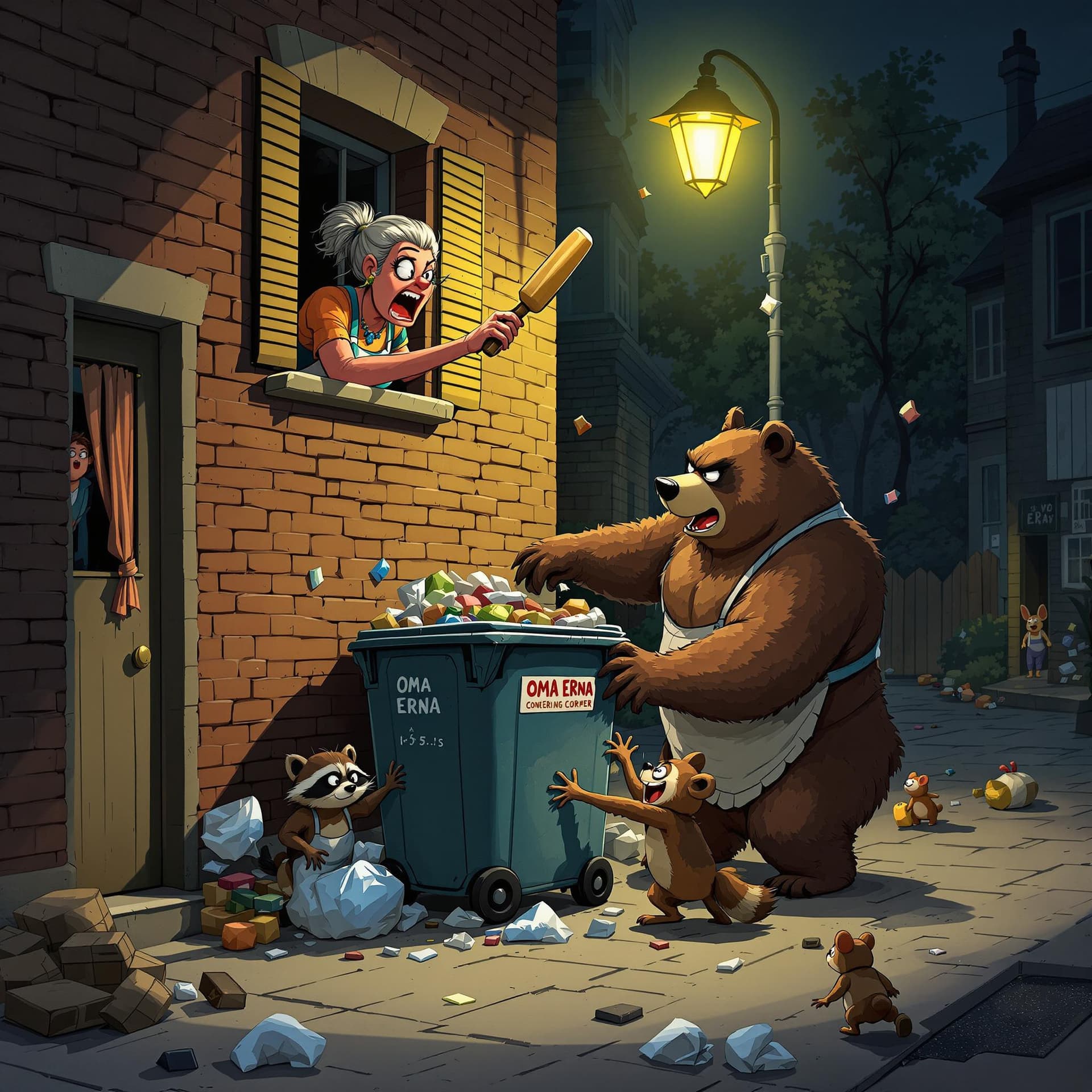 AI generated: A humorous and chaotic nighttime alley scene with an overflowing garbage corner. A determined raccoo...