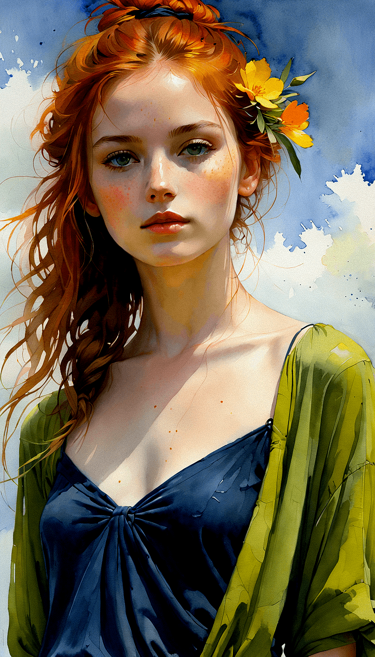 AI generated: The water color painting features a beautiful young woman with red hair, wearing a blue dress and a ...