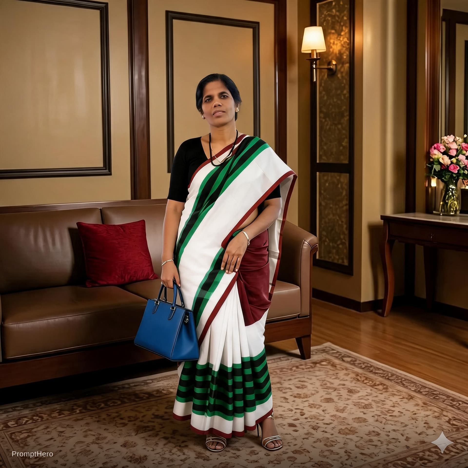 AI generated: black blouse with white saree hd high heels and blue hand bag