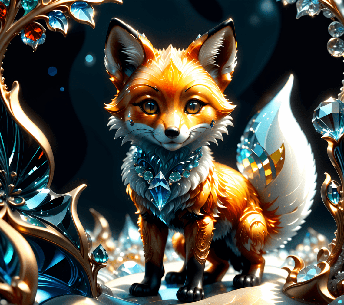 AI generated: baby Fox, surface with crystals and prisms, made of glass, shiny arabesque glasswork, refracted ligh...