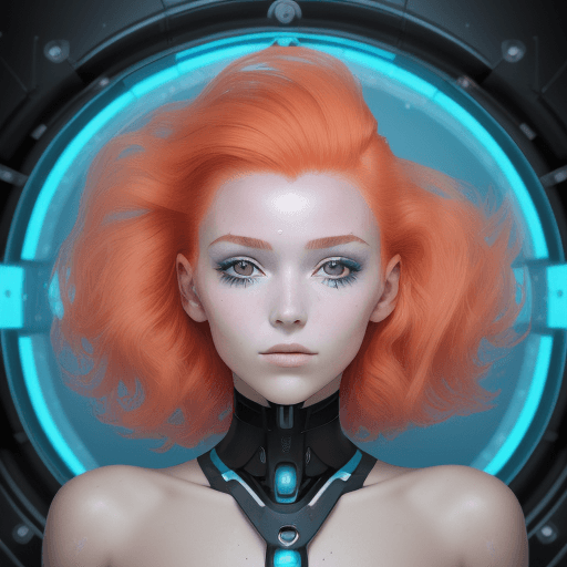 AI generated: Portrait de visage d'une jeune femme cyborg aux cheveux roux flamboyants, de la meilleure qualité. S...