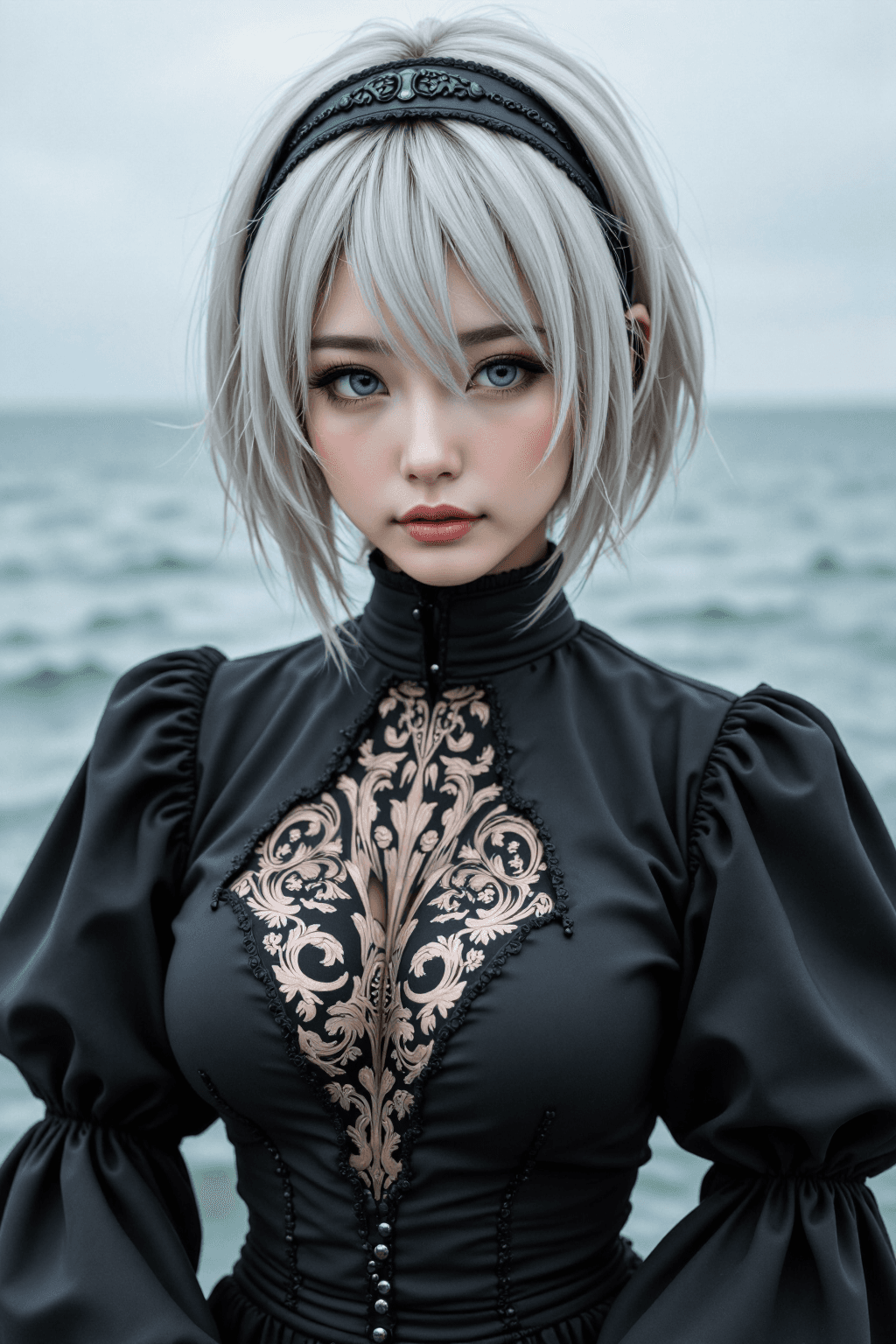 AI generated: A beautiful, high-quality realistic photo of the character 2B (YoRHa No. 2 Type B) from NieR:Automat...