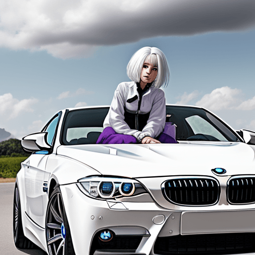 AI generated: 
girl with white hair sit into the BMW. white clouds, purple air
