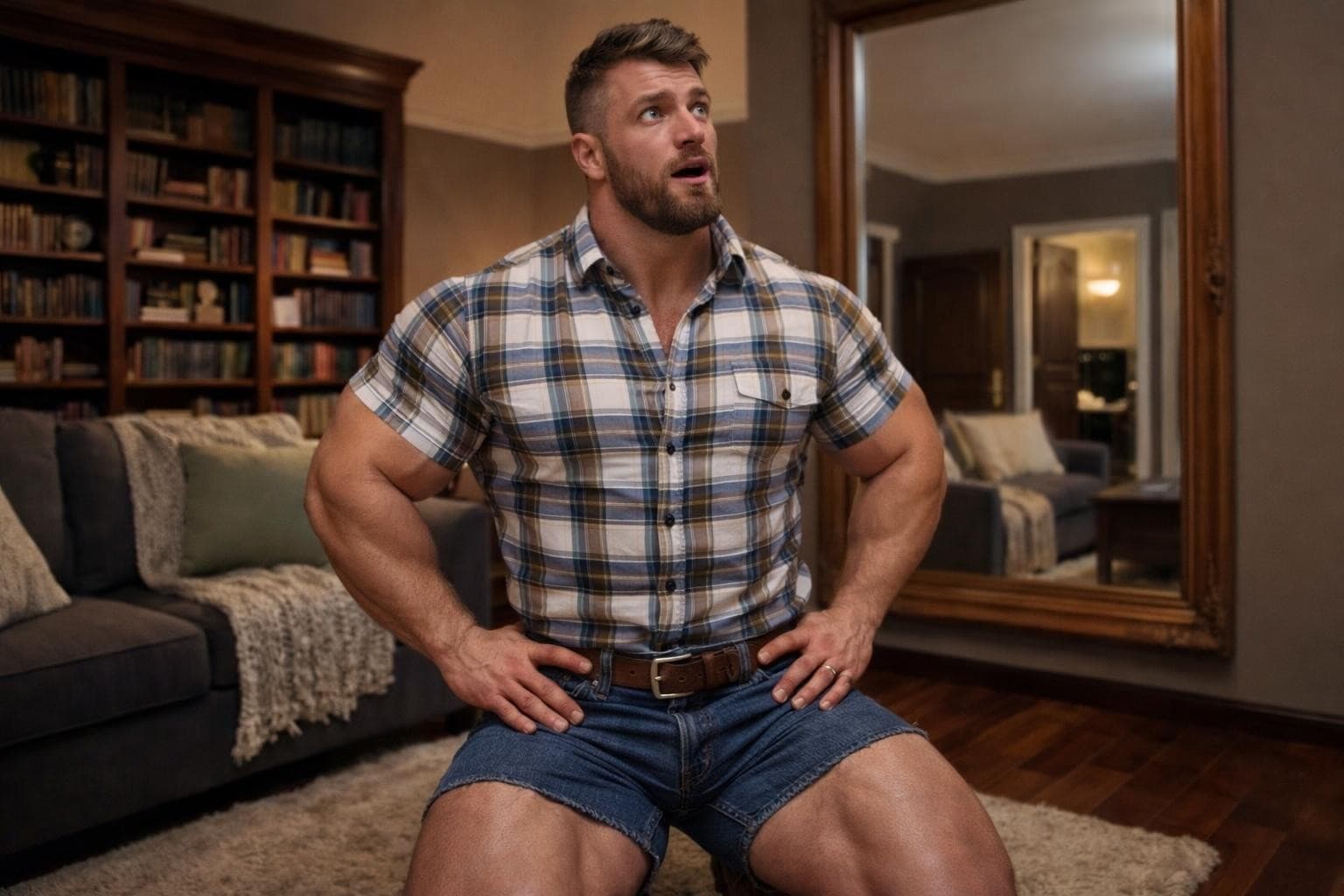 AI generated: The scene is in the room.

The model is standing on his knees. He is looking out in a mild amazement...