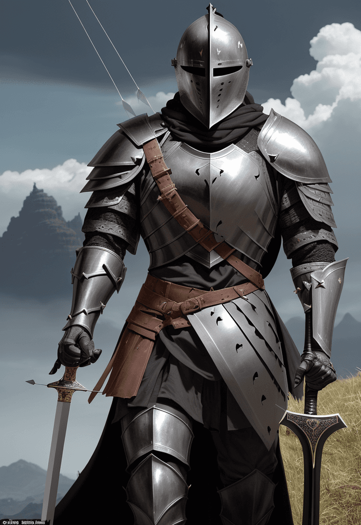 AI generated: rhadhan: a knight with a hole in his black armor in the heart position, with a slightly larger than ...