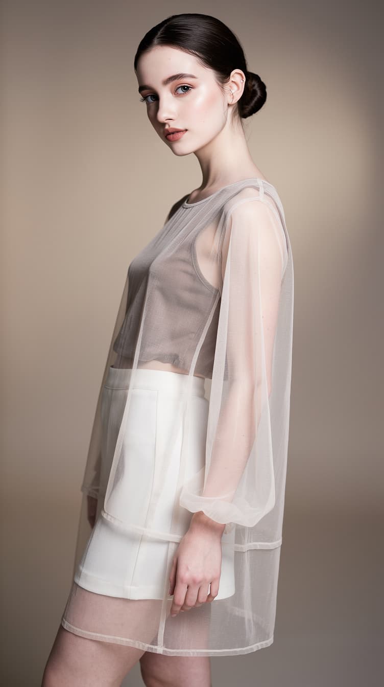 AI generated: 18years old girl, transparent dress, extra mini skirt, pale skin, bun hair, RAW, softlight