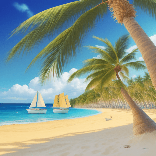 AI generated: Sunny beach scene with palm trees, sand, ocean and  sailboats
