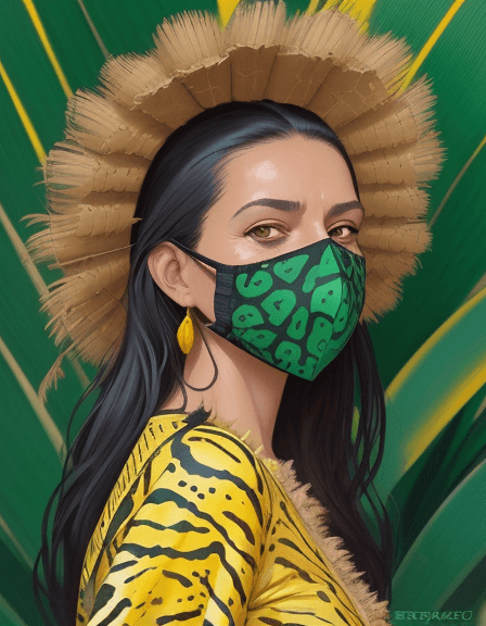 AI generated: commercial illustration of a woman (with a complete zoque face mask of a jaguar ((all over the face)...