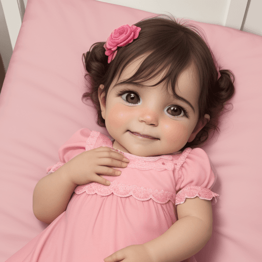 AI generated: Una bebé de 3 meses, sonriente, con vestido rosado y una vincha rosada, en una cama con plumas

 