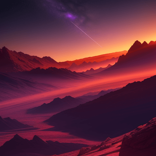 AI generated: sunset on an alien planet over sharp violet mountains, distant river leading to the horizon, bright ...
