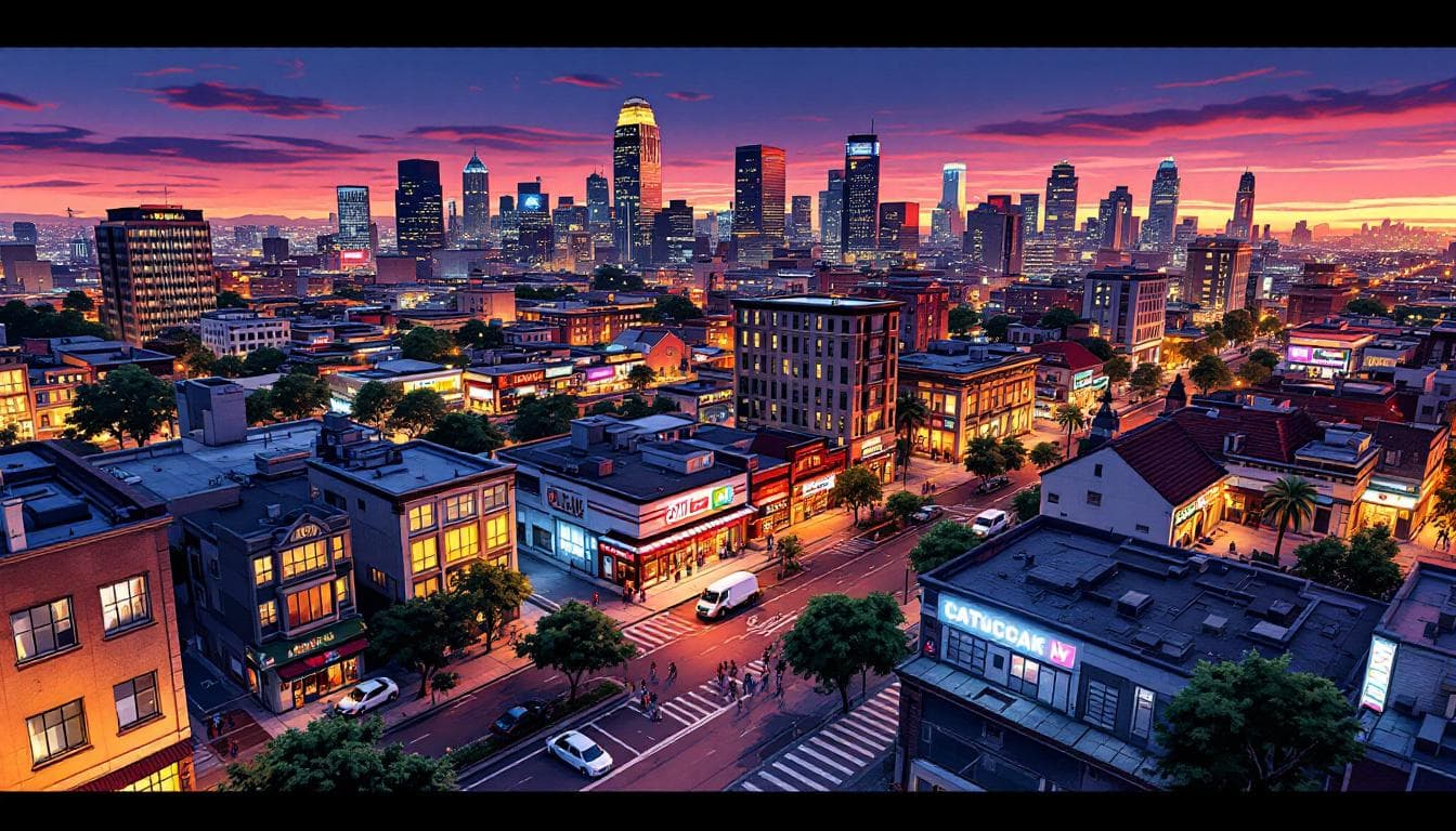 AI generated: Cartoon illustration, comic book cover featuring an aerial view of a modern city commercial district...