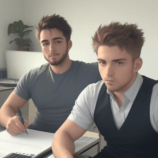AI generated: An image of same 2 guys one working hard on the project the other chilling
